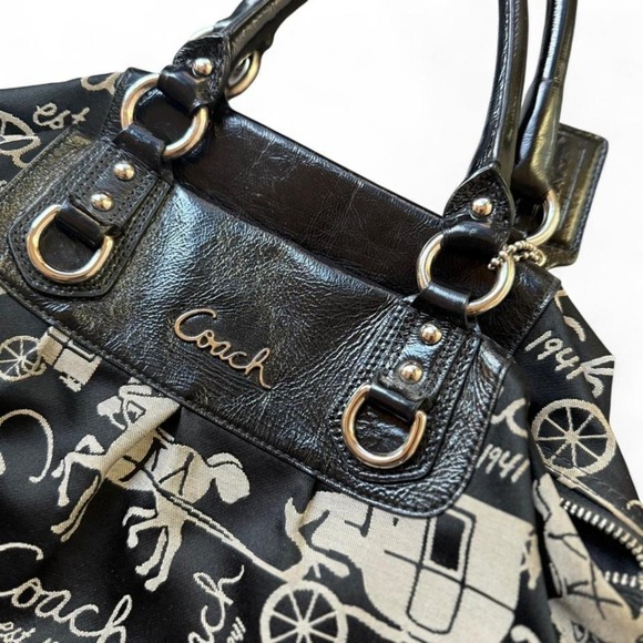 Coach Black & White Leather Shoulder Bag Y2K Graphic Print Statement Piece - Picture 2 of 5